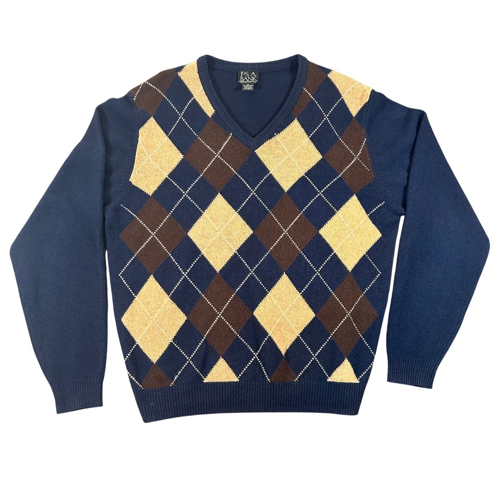 Jos A Bank‎ Mens Argyle V-Neck Sweater Navy Blue Lambswool Blend Size M Grandpa
